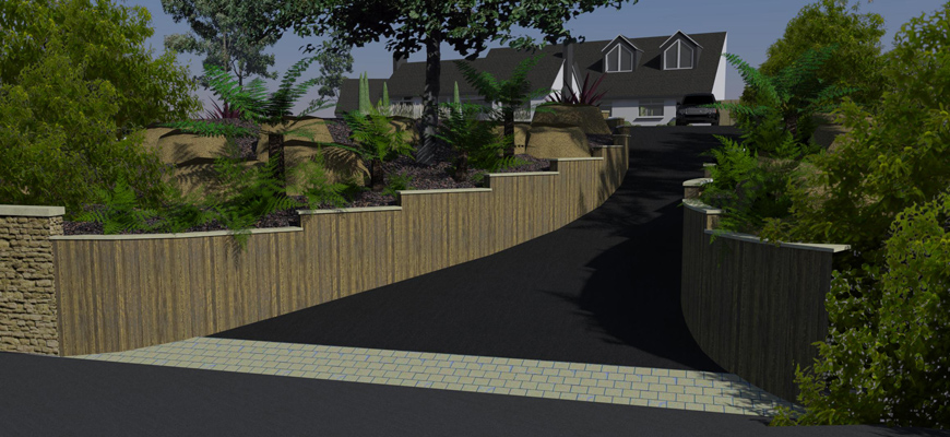Driveway with timber clad retaining wall