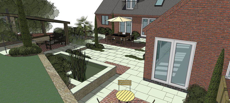 Rear patio with pond